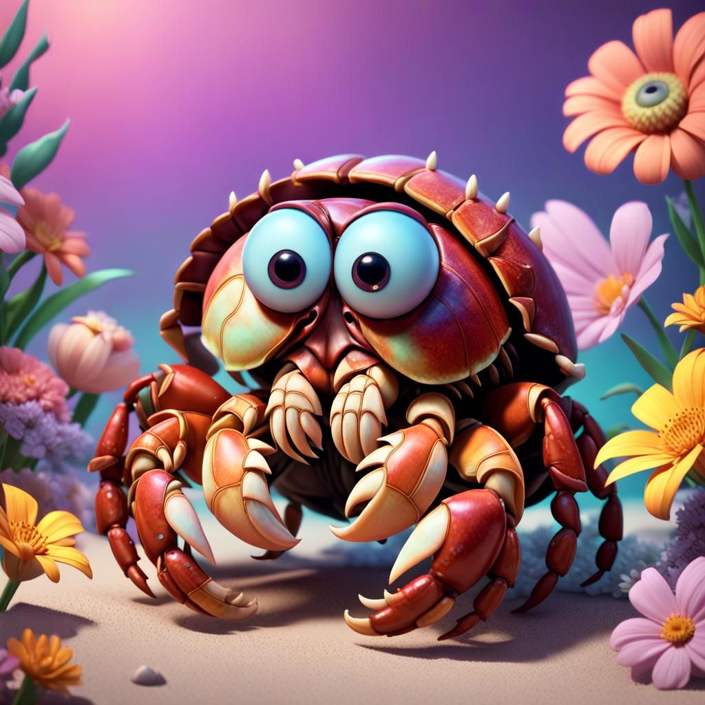 Pixar Style Hermit Crab with Flowers