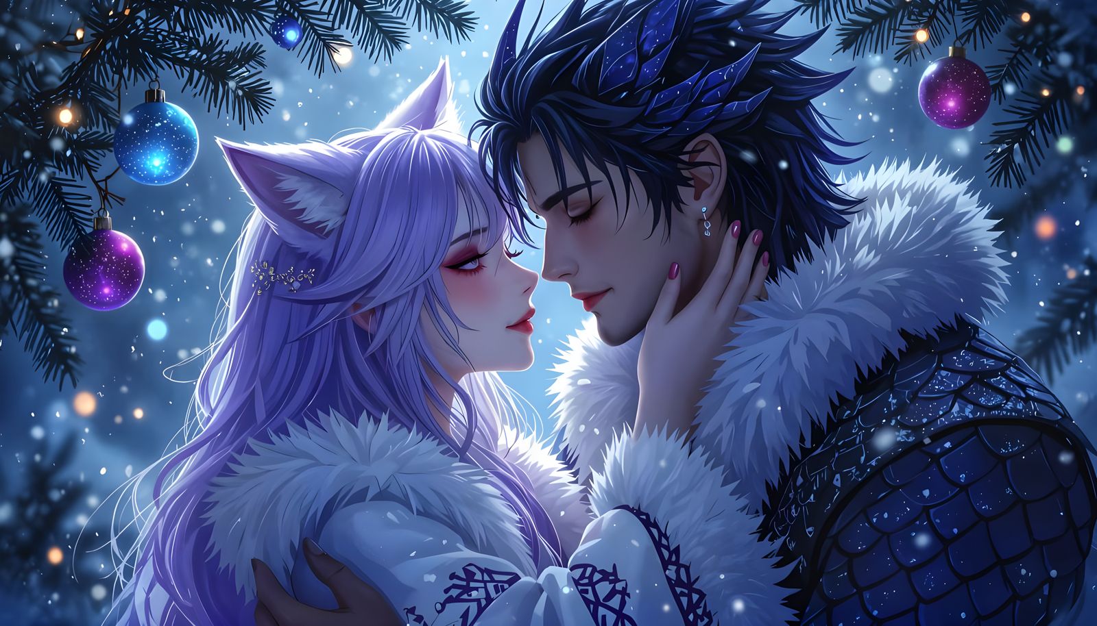 Dragon and Kitsune Embrace in Snowy Winter Wonderland