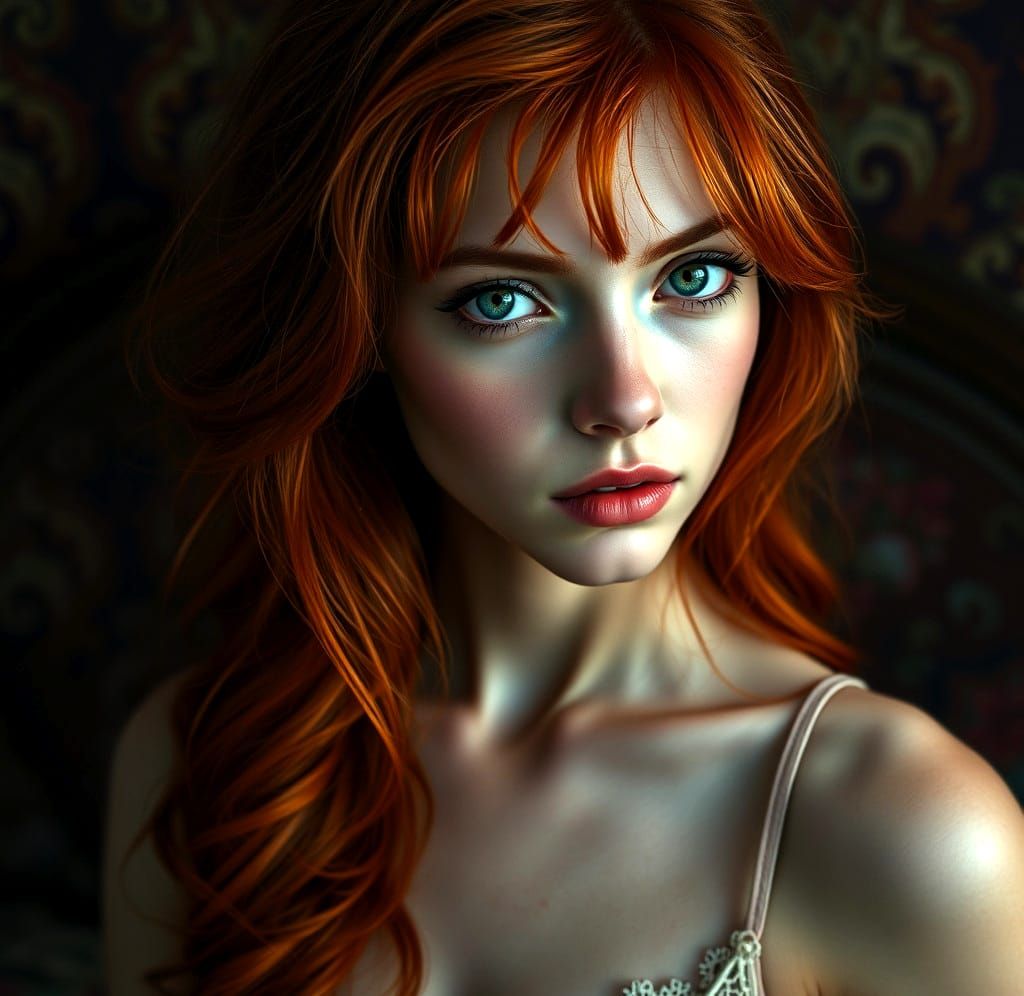 Hyperrealistic Portrait of a Forlorn Redheaded Woman in a Da...