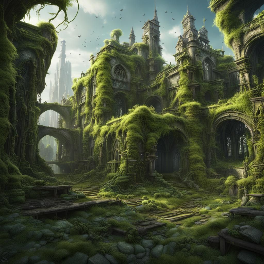 Overgrown City Covered in Vines and Moss