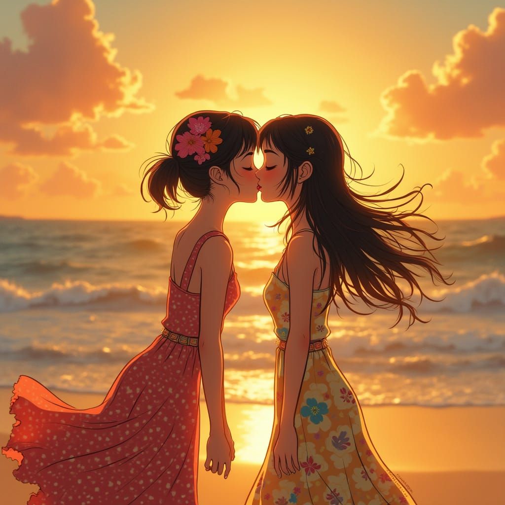 Sunset Kiss: Romantic Beach Scene in Vibrant Colors