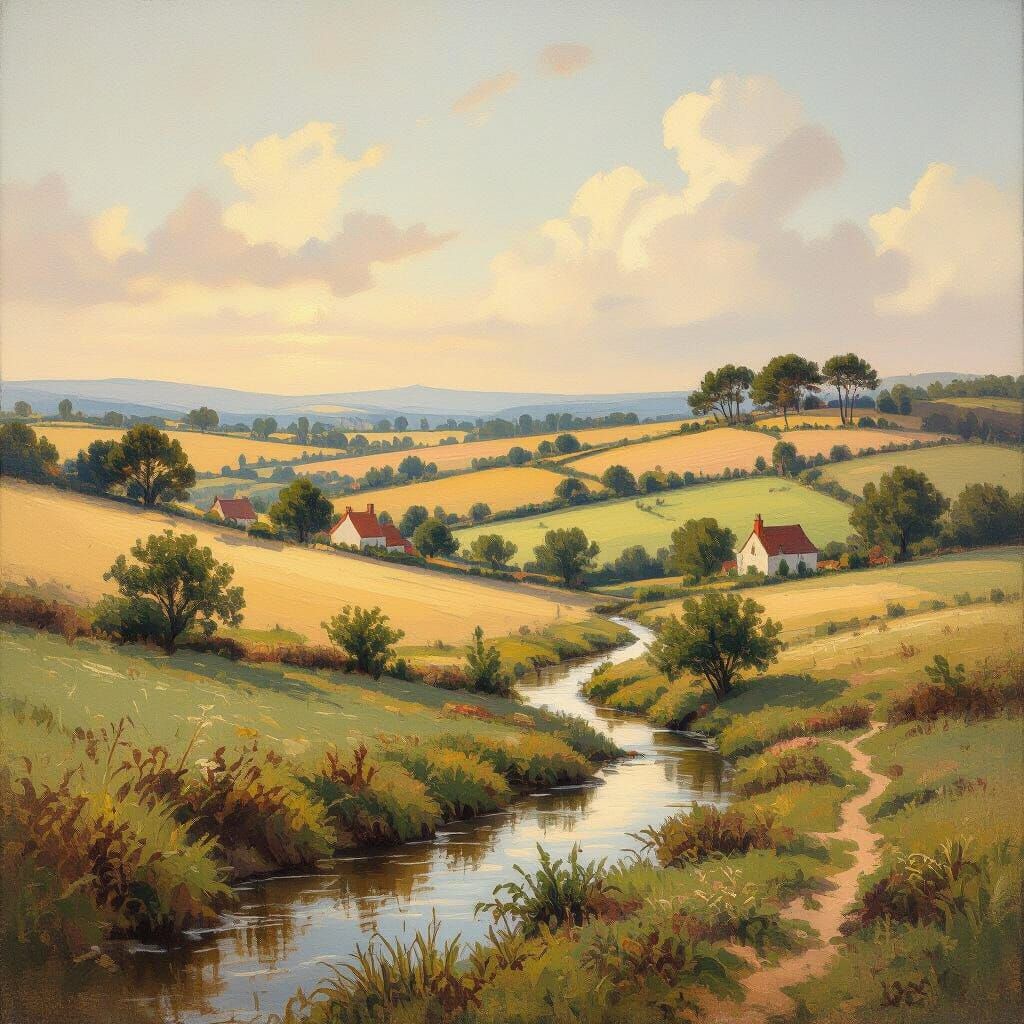 Idyllic Landscape Painting with Rolling Hills and Cottages