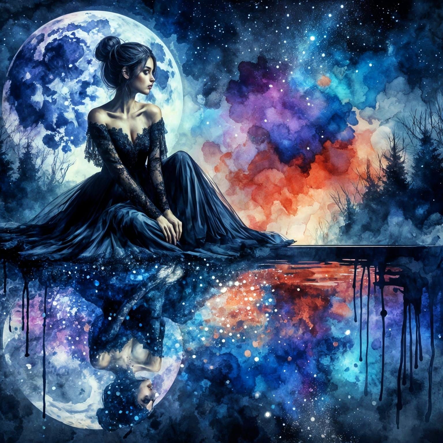 Mystical Woman Reflecting in Moonlit Pool