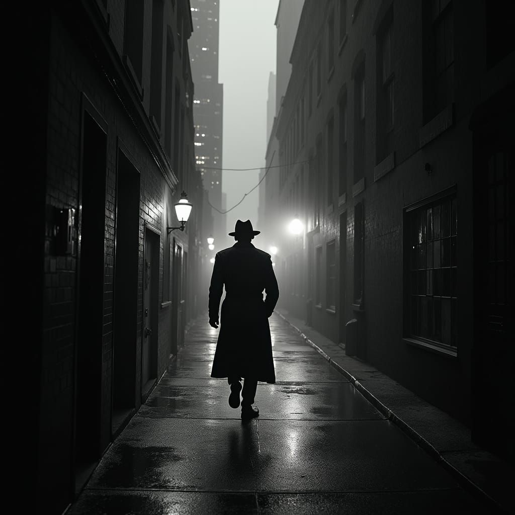 Film Noir Figure in Rainy Alleyway