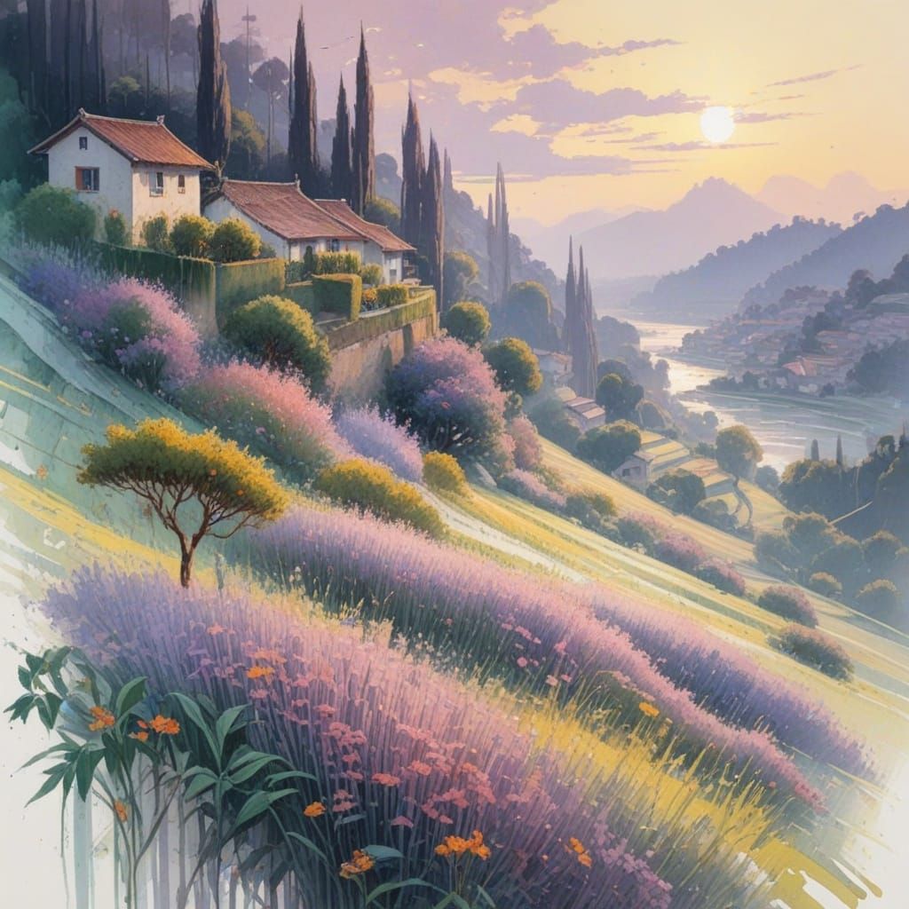 Luminous Rice Paddies in Neo-Impressionist Style