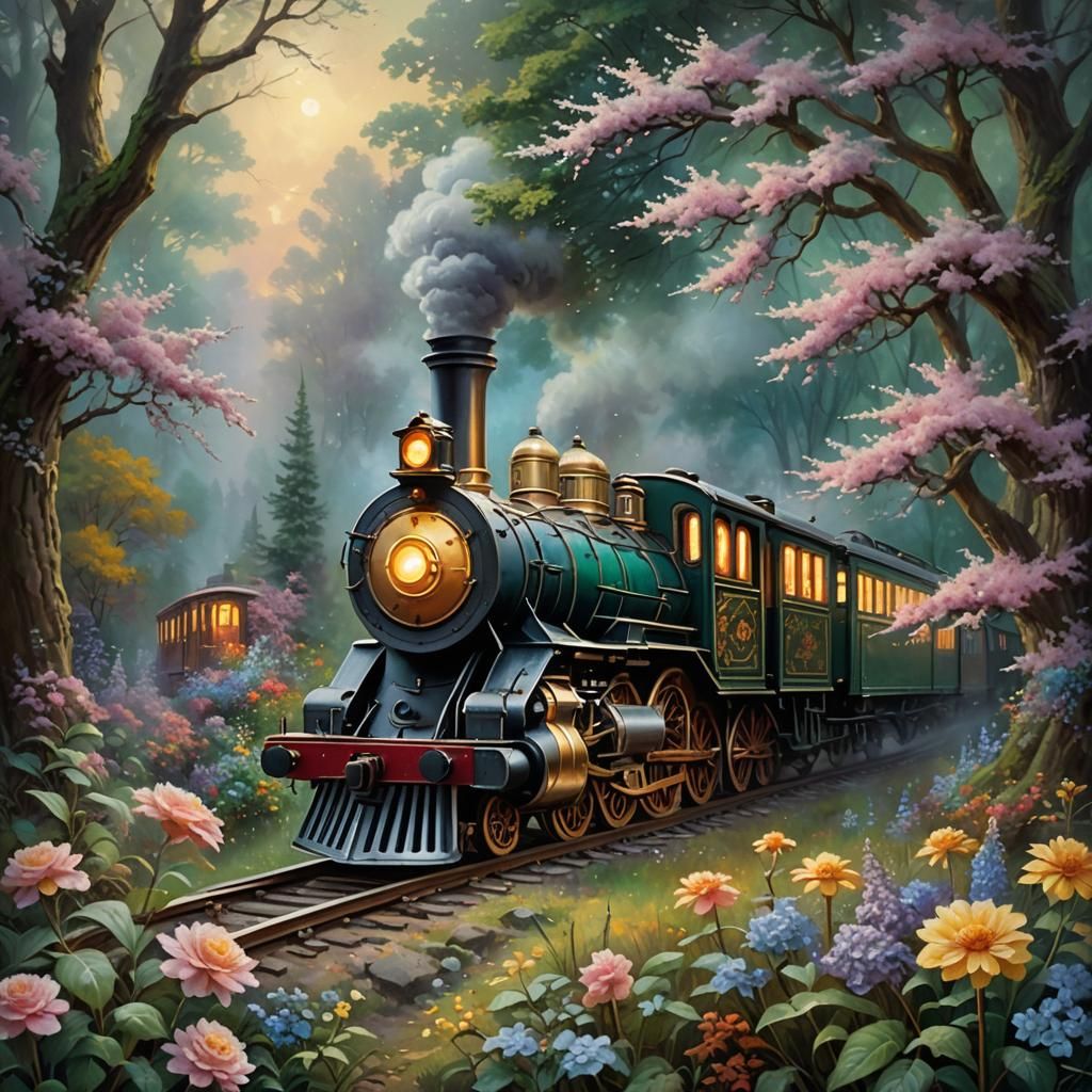 Enchanting Fantasy Train Surrounded by Forest Flowers