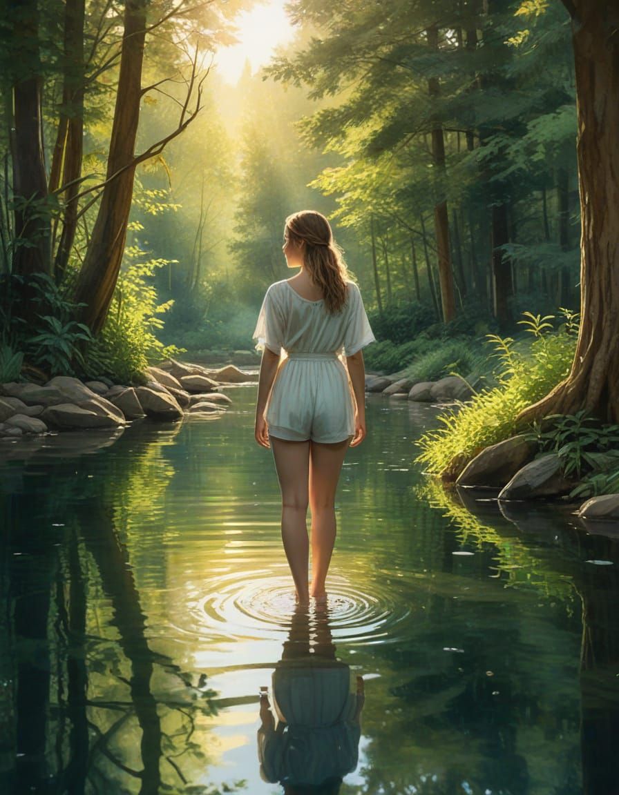Woman by Forest Pool in Watercolor Style