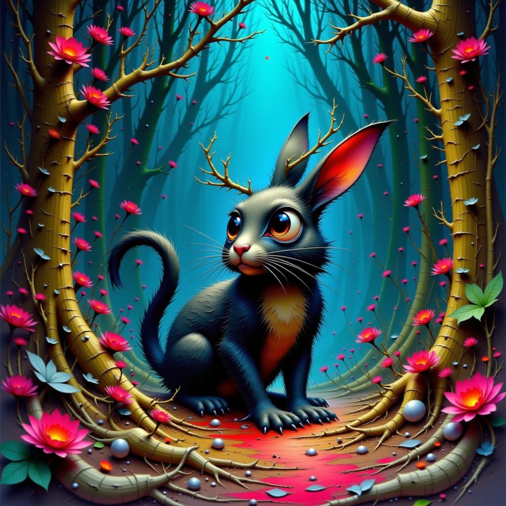 Barbed Wire Rabbit-Squirrel in Fantastical Forest