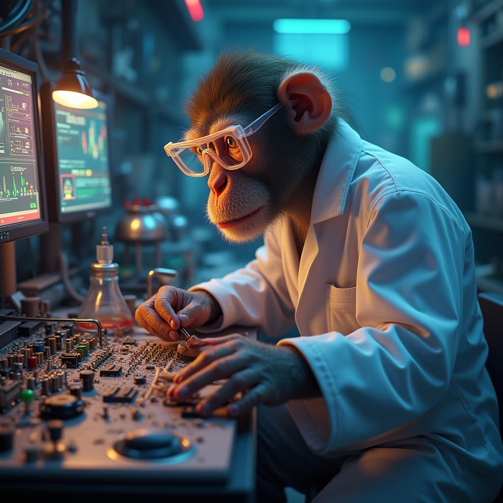 Monkey Technician in High-Tech Lab, Hyperrealistic Digital A...