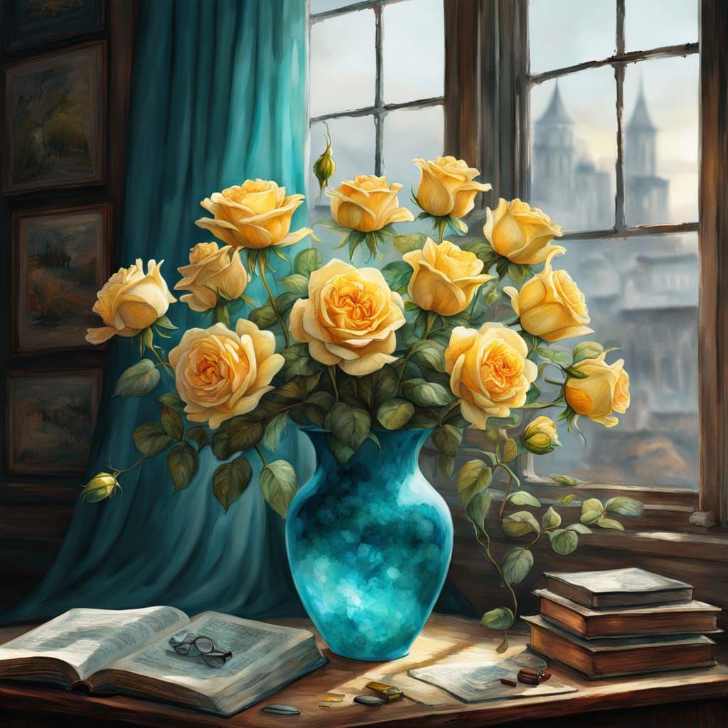 Stunning Soft Yellow Roses in Turquoise Vase
