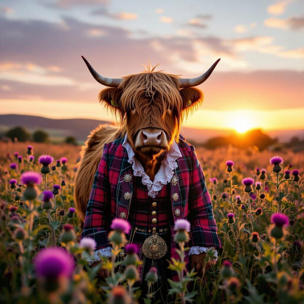 Highland Cow in Formal Attire Amidst Thistles at Sunrise