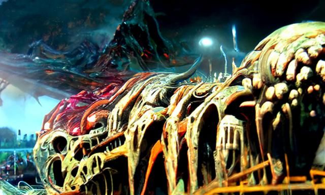 Horrific Cyberpunk Beast Rises in Dystopian Landscape