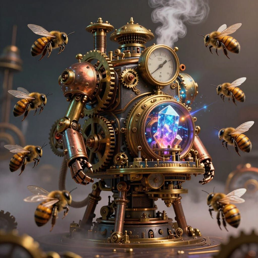 Steampunk Robot Bees Around Arcane Crystal Engine