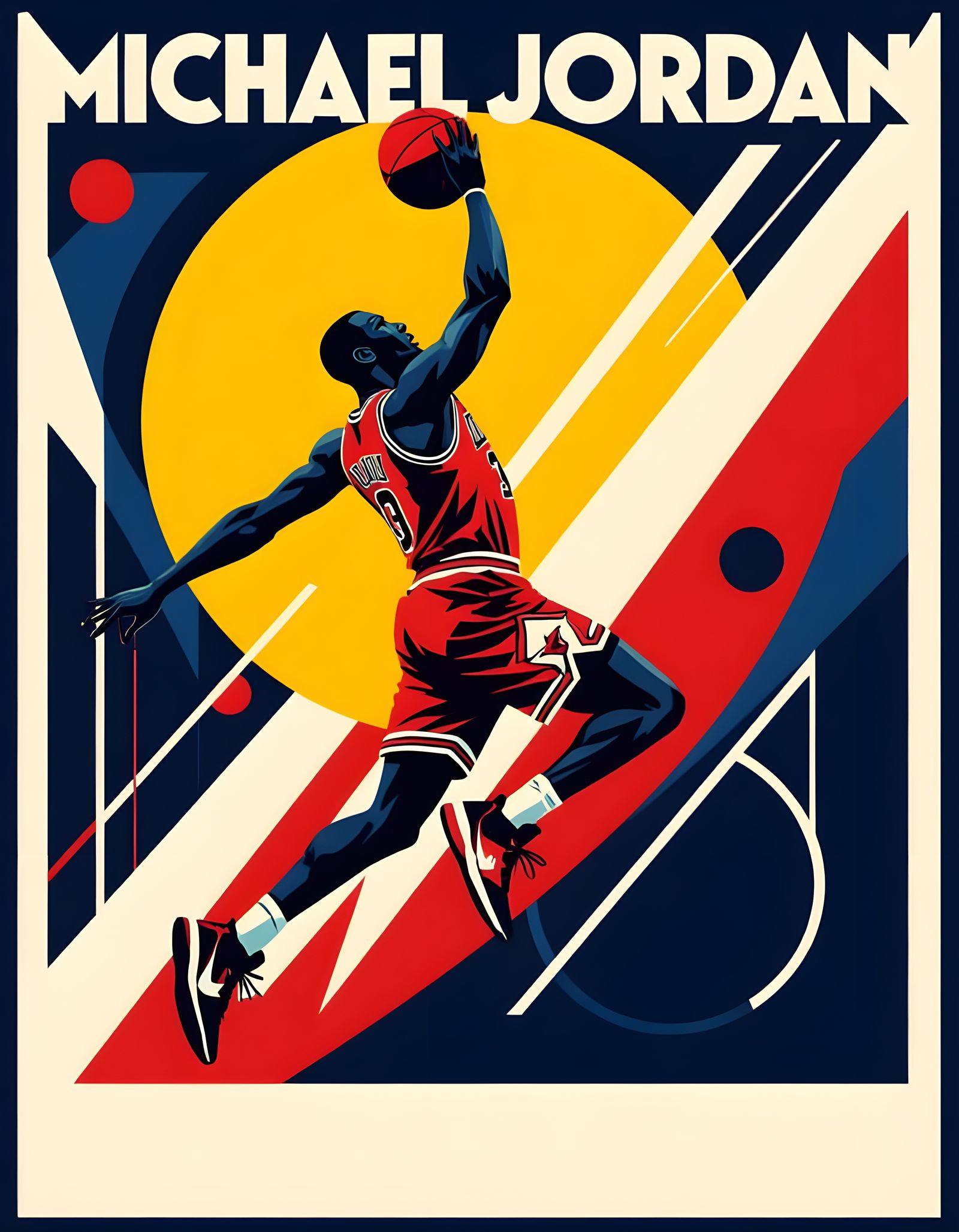 Geometric art of Michael Jordan leaping forward, angular cubist shapes, bold red and white color palette with blue shado...