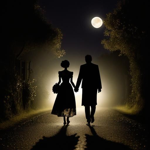Couple Walking Under Moonlight in Village
