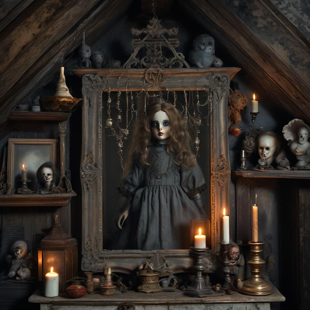 cursed attic, eerie atmosphere, cracked porcelain doll, glowing eyes, cobweb-covered music box, haunted mirror, ghostly ...