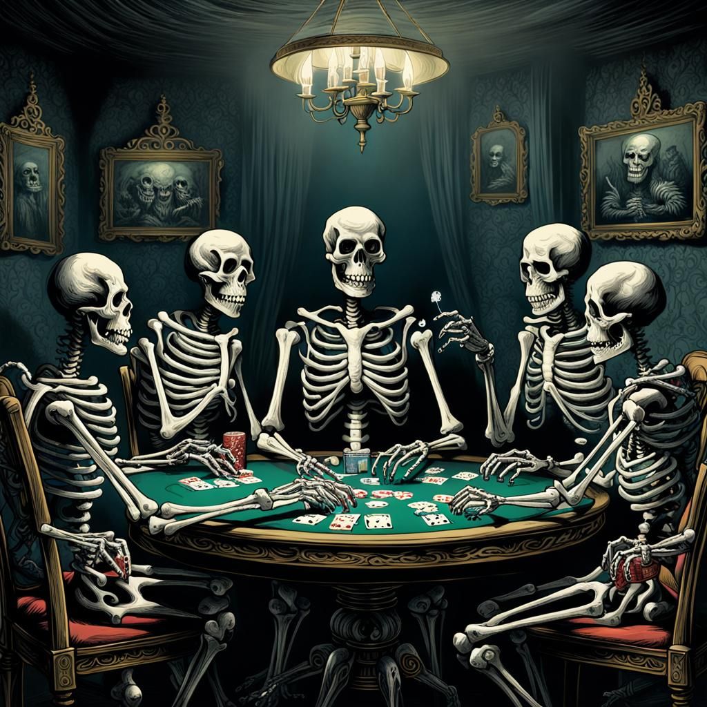 Smoke Skeleton Plays Poker in Doré Style