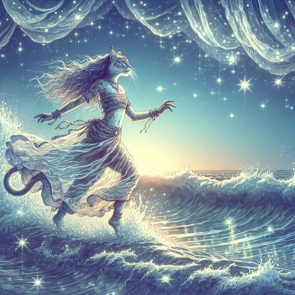 South Asian Catgirl Dancing in Waves at Dusk