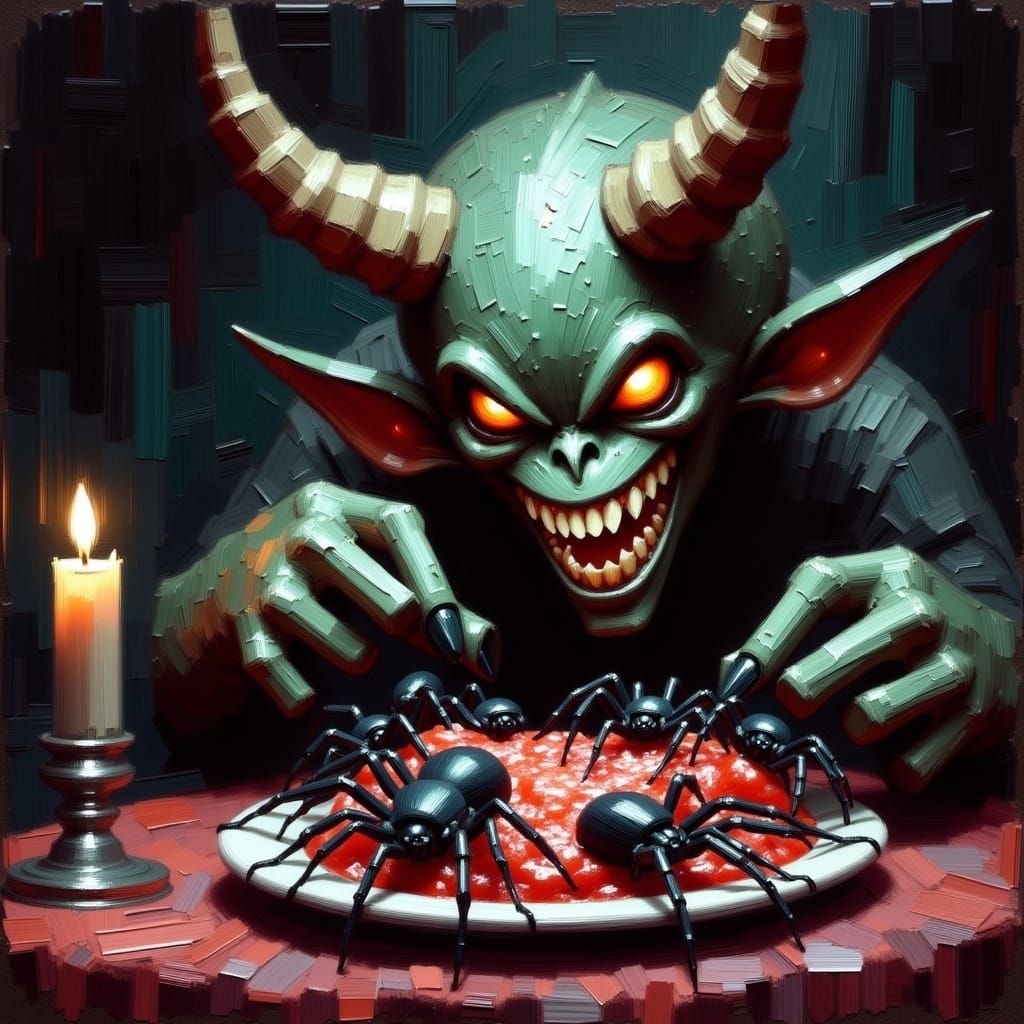 Grotesquely Adorable Demon Devours Spiders in Haunted Mansio...