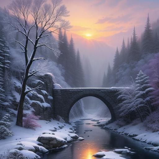 Icy Sunset Over a Frost River in Winter