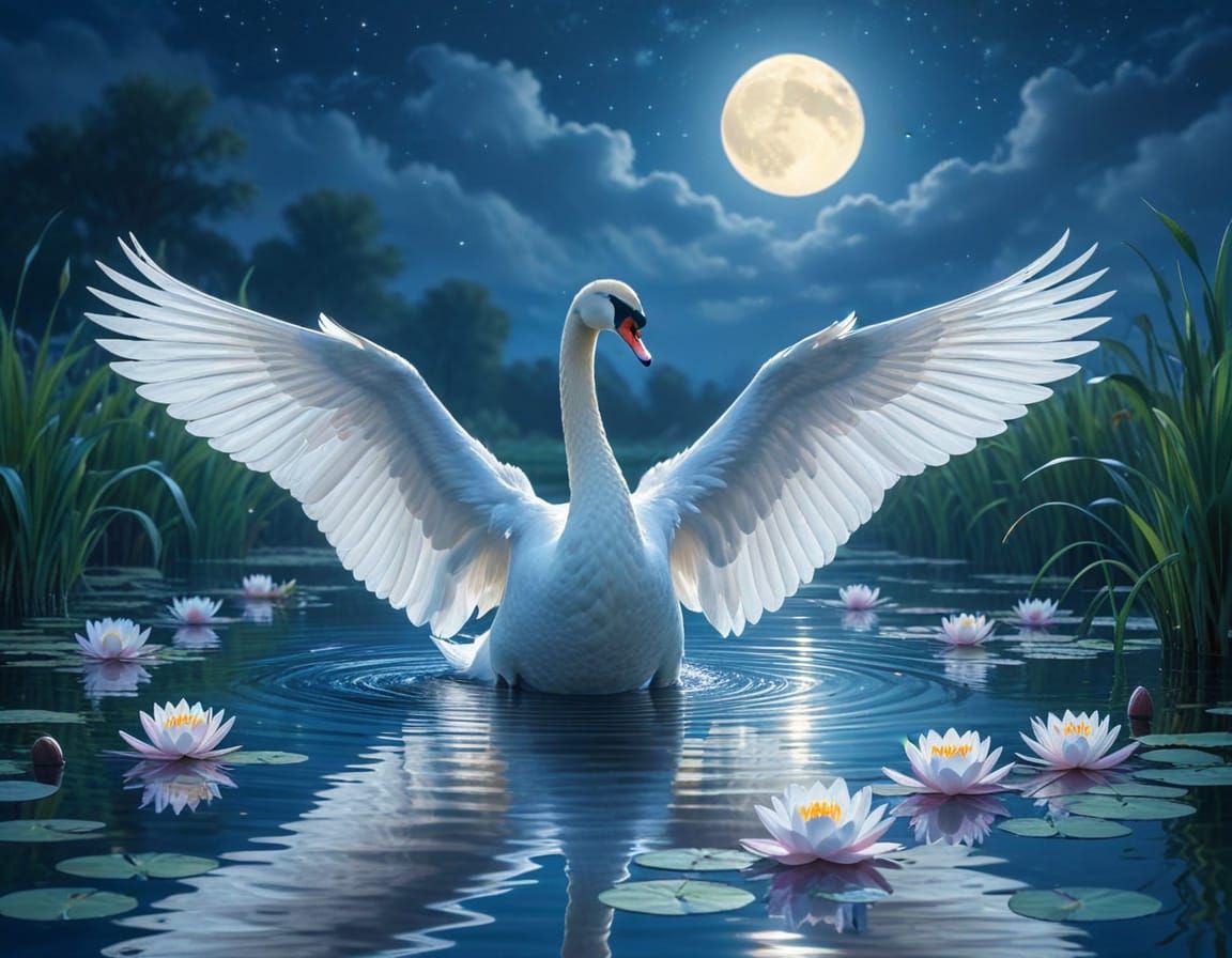 Swan with Wings Spread on Moonlit Pond