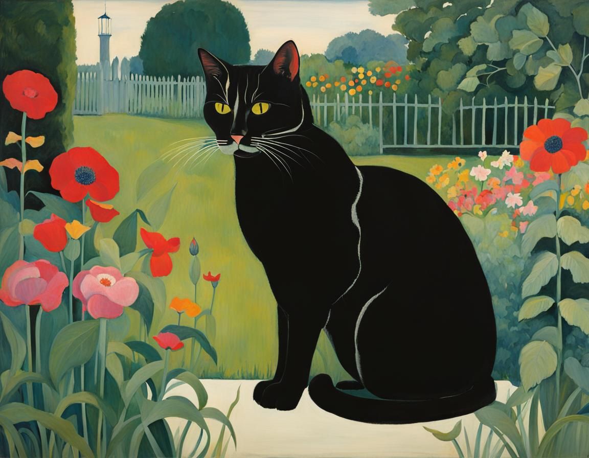 Cat in Garden: Vintage Surrealist Illustration