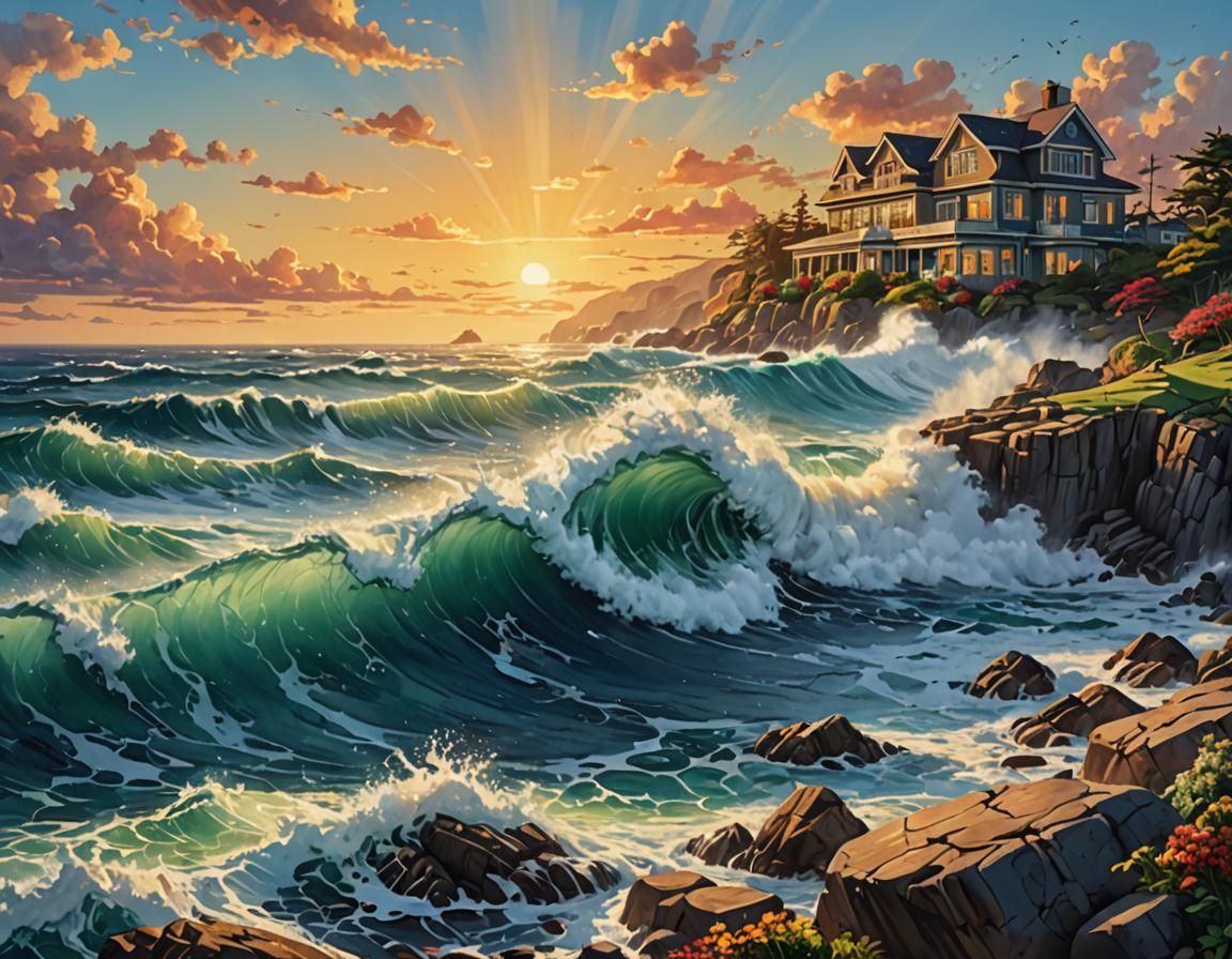 Oceanfront Home Sunrise: Hyperrealistic Splash Art