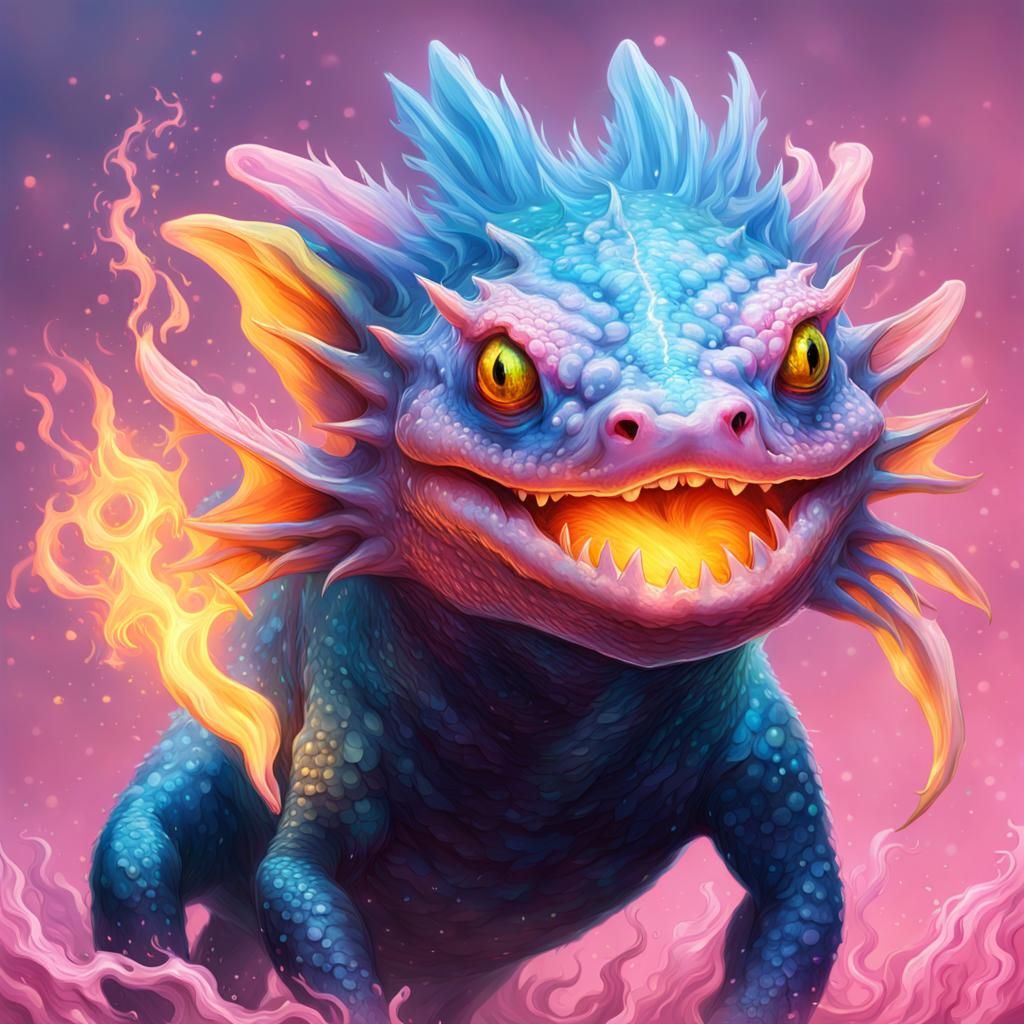 Fearsome Axolotl Dragon Scorching with Blue Fire