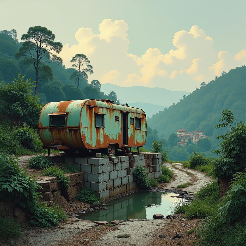 Surreal Trailer House Landscape Inspired by Dali