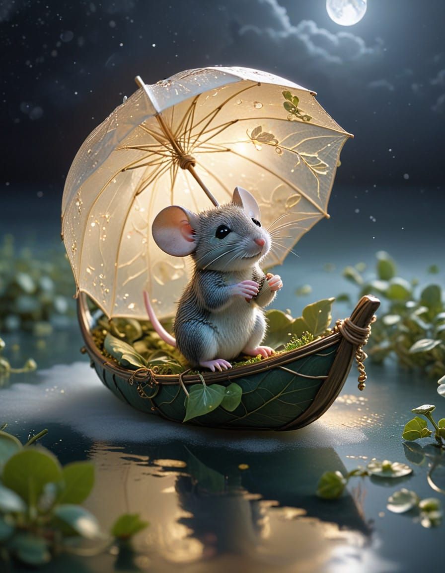 Chibi Mouse Sails on Cloudy Serene Sea in Ethereal Glow