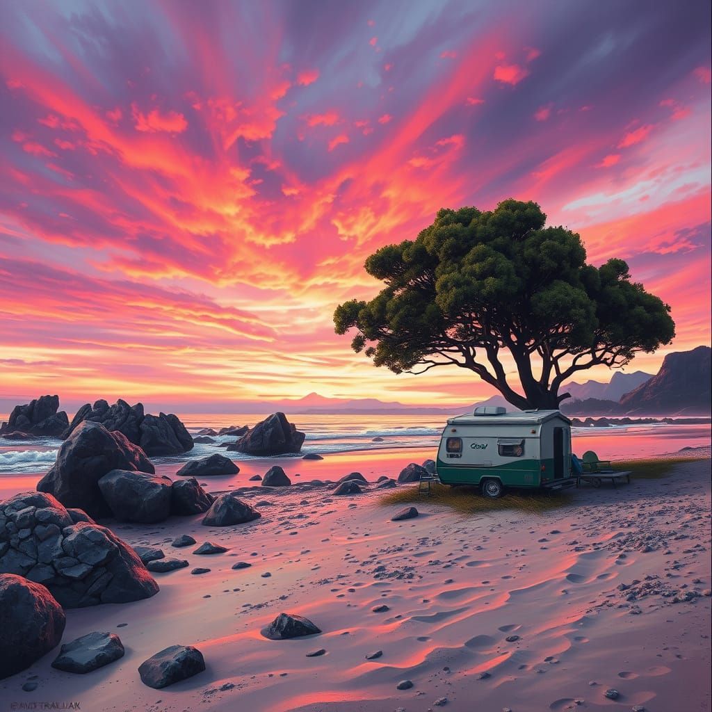 New Zealand Beach Sunset with Tent and Caravan