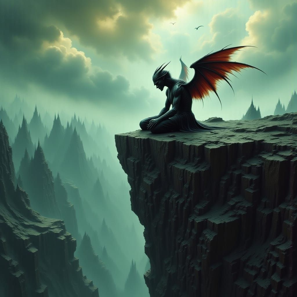 Lonely Demon on Cliff Edge with Drooping Wings