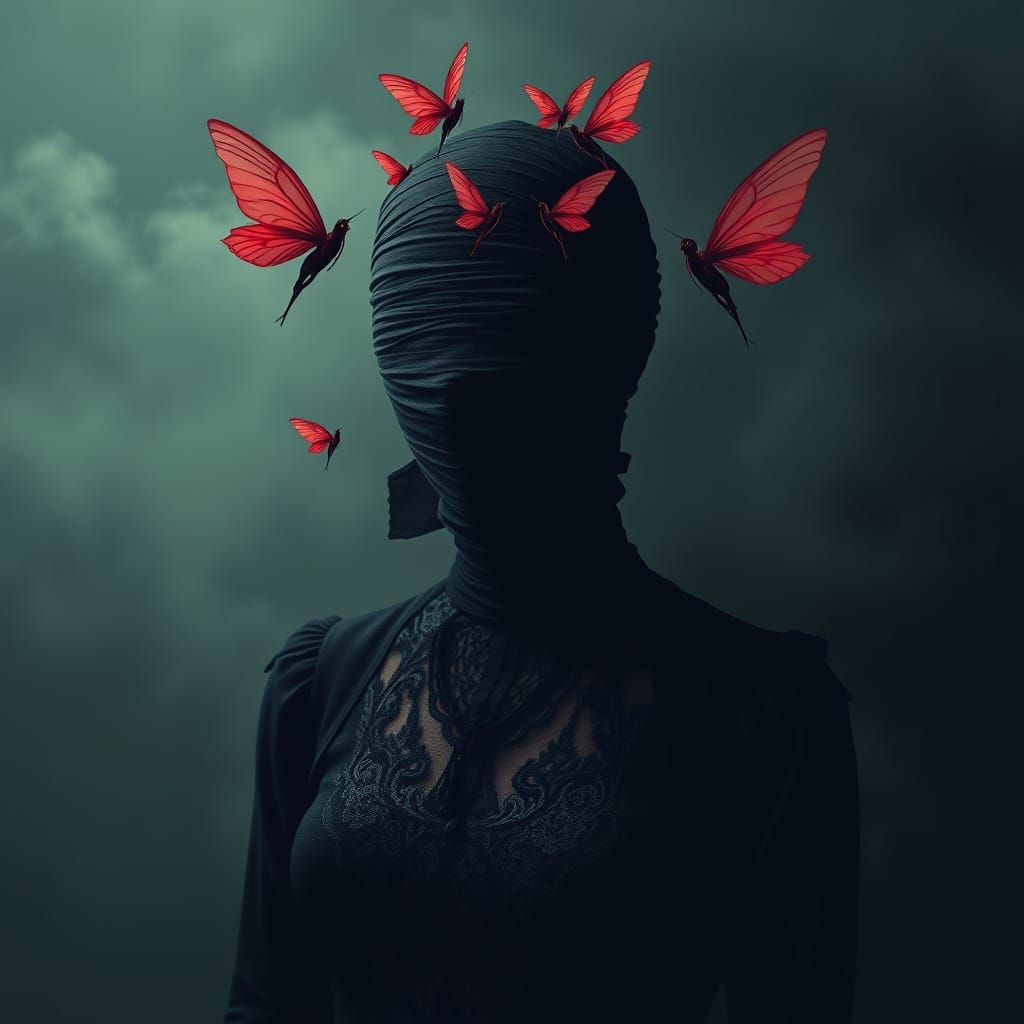 Eerie Bandaged Figure with Fairies in Pixel Art Style