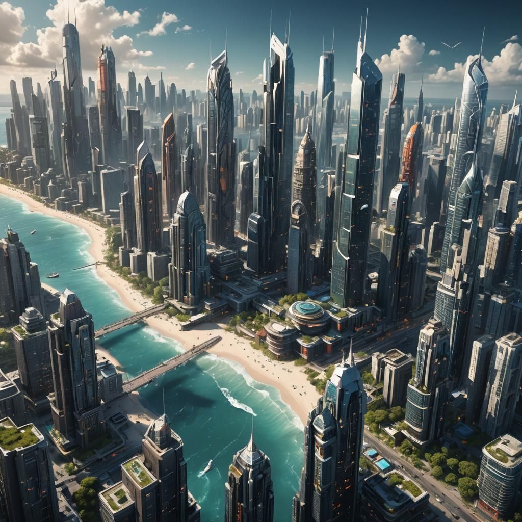 Futuristic Beach City with Skyscrapers, Digital Art