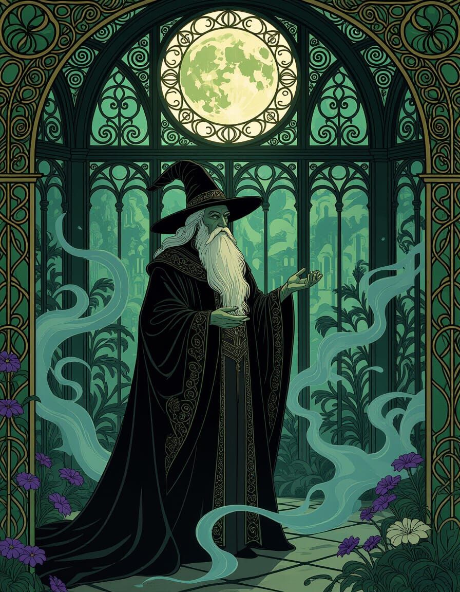 Elderly Wizard in Spooky Victorian Conservatory, Art Nouveau...