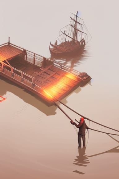 Imperial Chinese Fisherman on Dock in Dark Fantasy