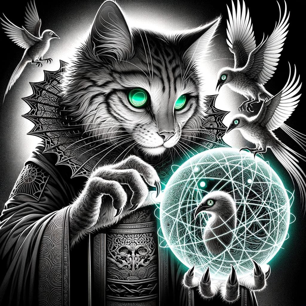 Mystical Feline Samurai Mastering Optical Illusions in Monoc...