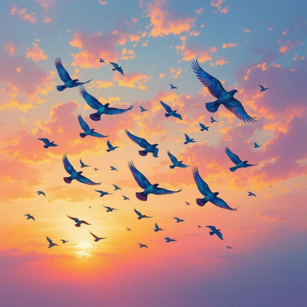 Vibrant Iridescent Birds in Sunset Flight