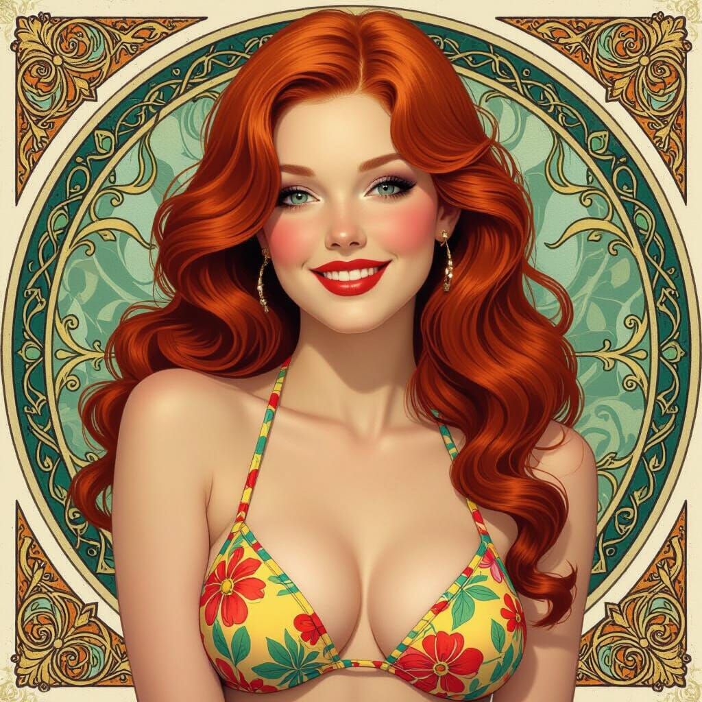 Sultry Redhead in Bikini, Art Nouveau Pin-Up Style