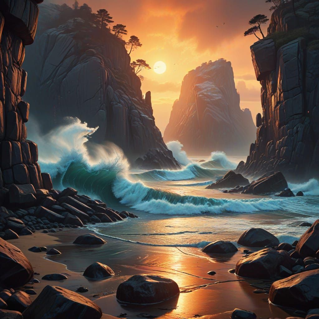 Dramatic Rocky Coastline in Cinematic Volumetric Lighting