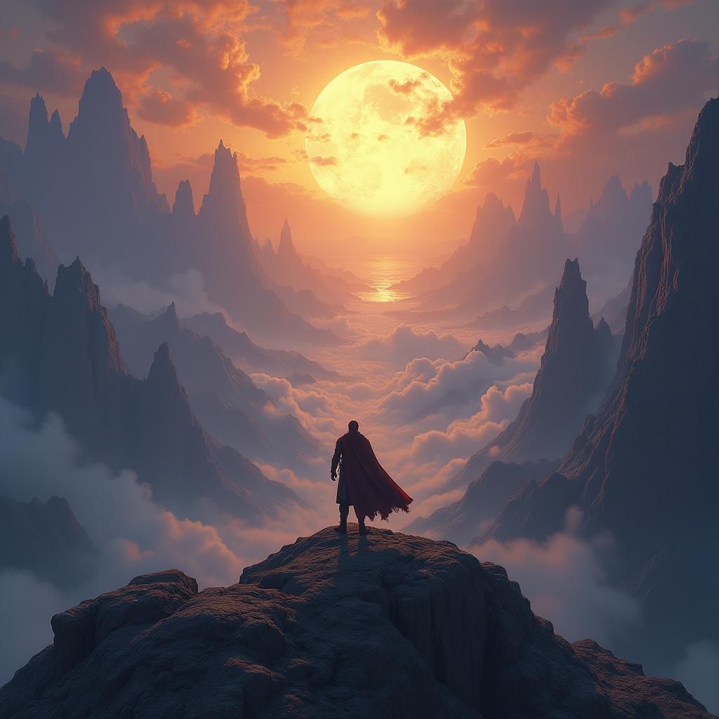 Hero Gazing Over Fantasy Landscape in Golden Light