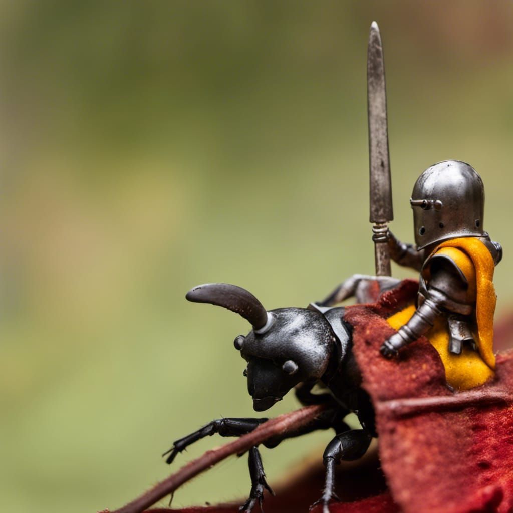 A beetle with a miniature knight riding it and jousting.
