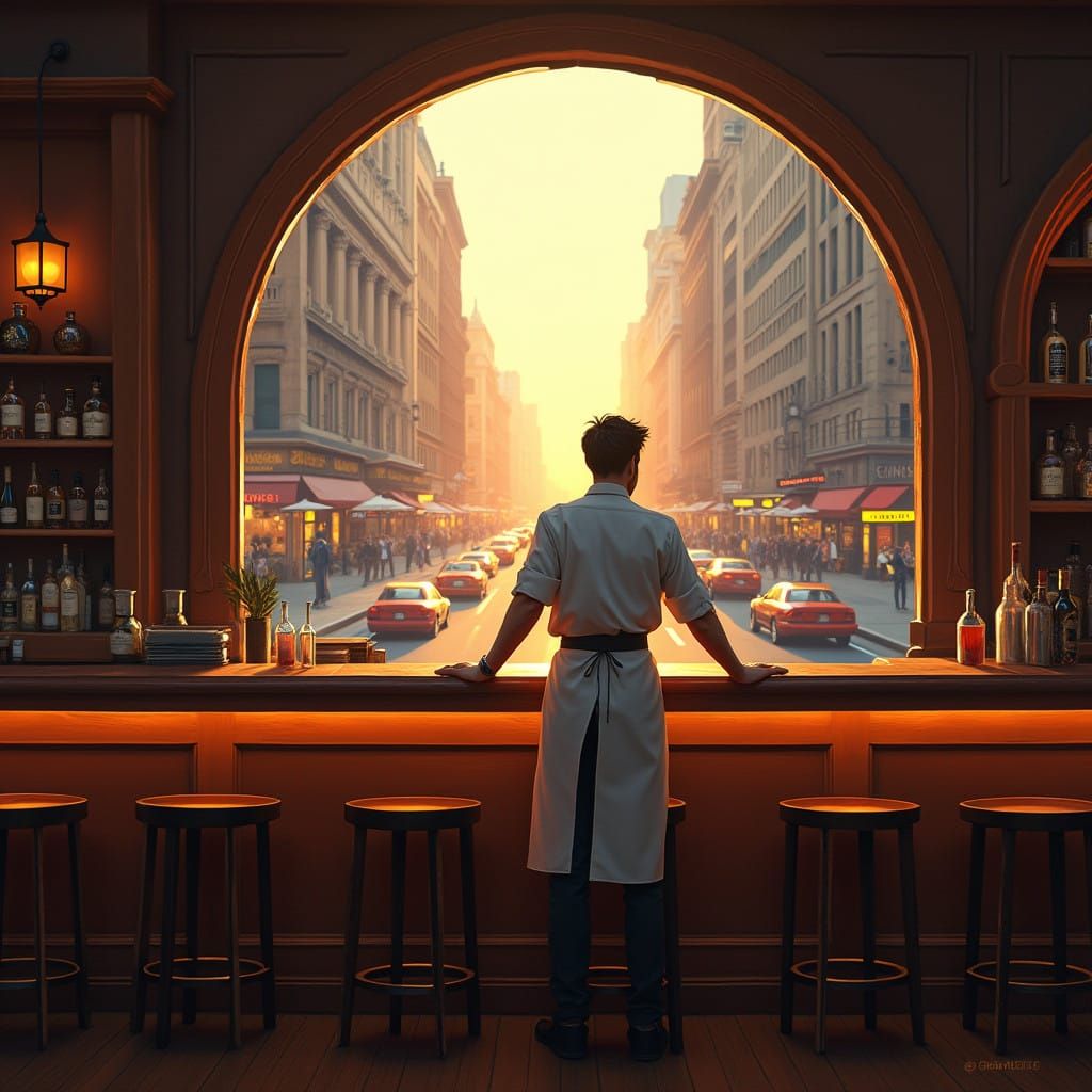 Bartender Contemplates City Life Through a Futuristic Realis...