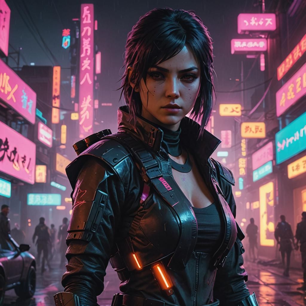 Cyberpunk Ninja Woman Under Neon Moonlight