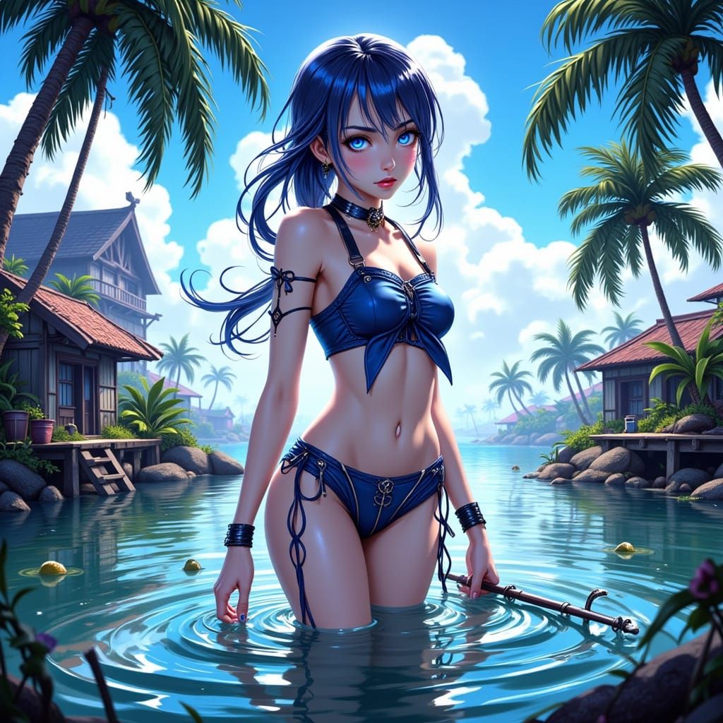 Anime Woman with Trident on Flooded Island