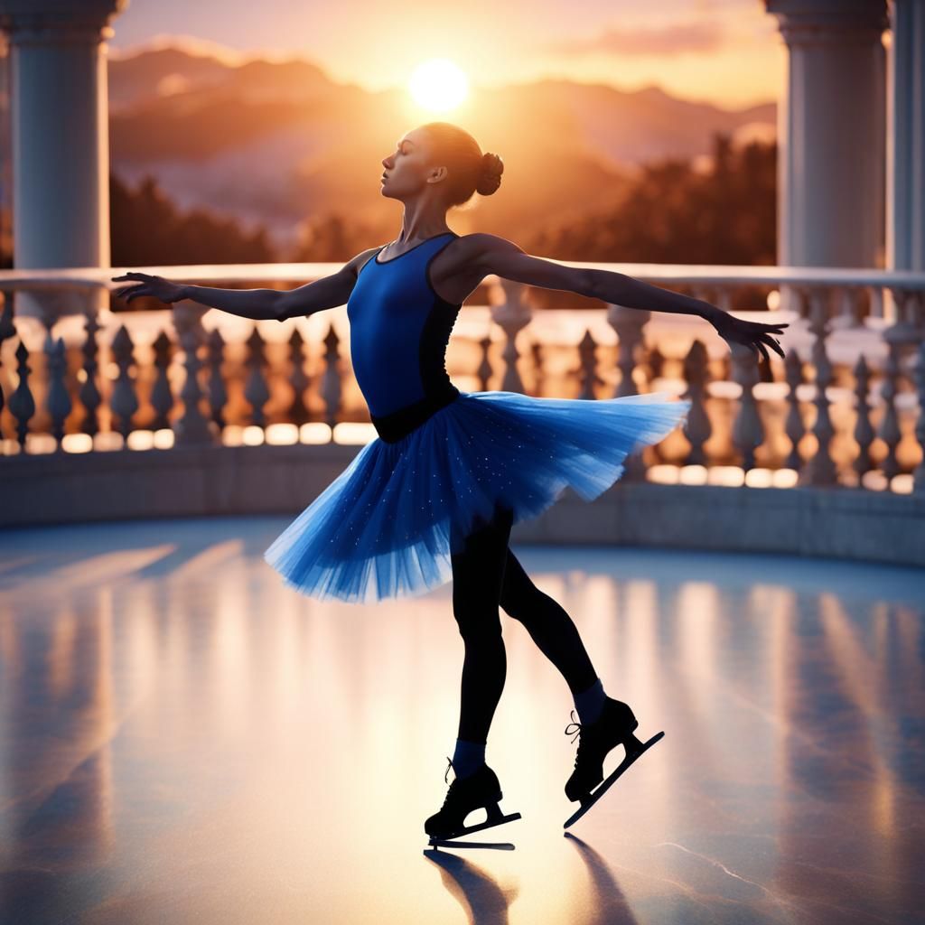 Figure Skater Silhouette on Marble Balcony at Sunset