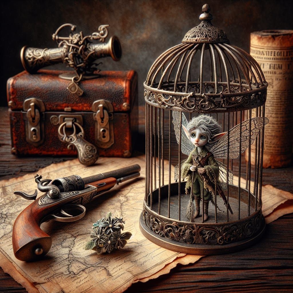 Lonely Fairy Trapped in Birdcage on Antique Desk
