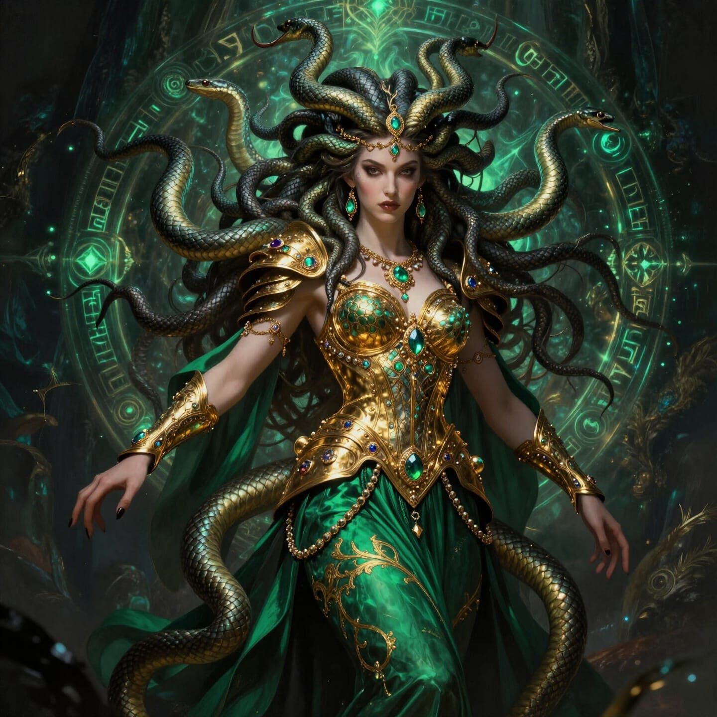 Regal Medusa in Opulent Armor and Emerald Gown