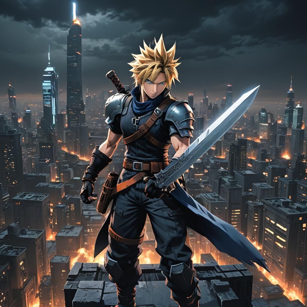 Cloud Strife with Buster Sword in Anime Style
