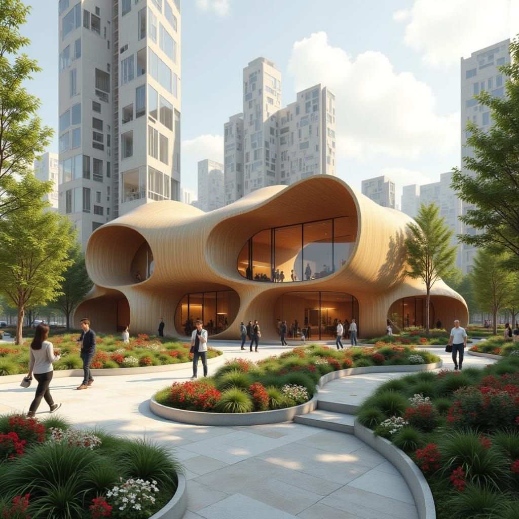 Futuristic Wooden Twist Building with Gardens